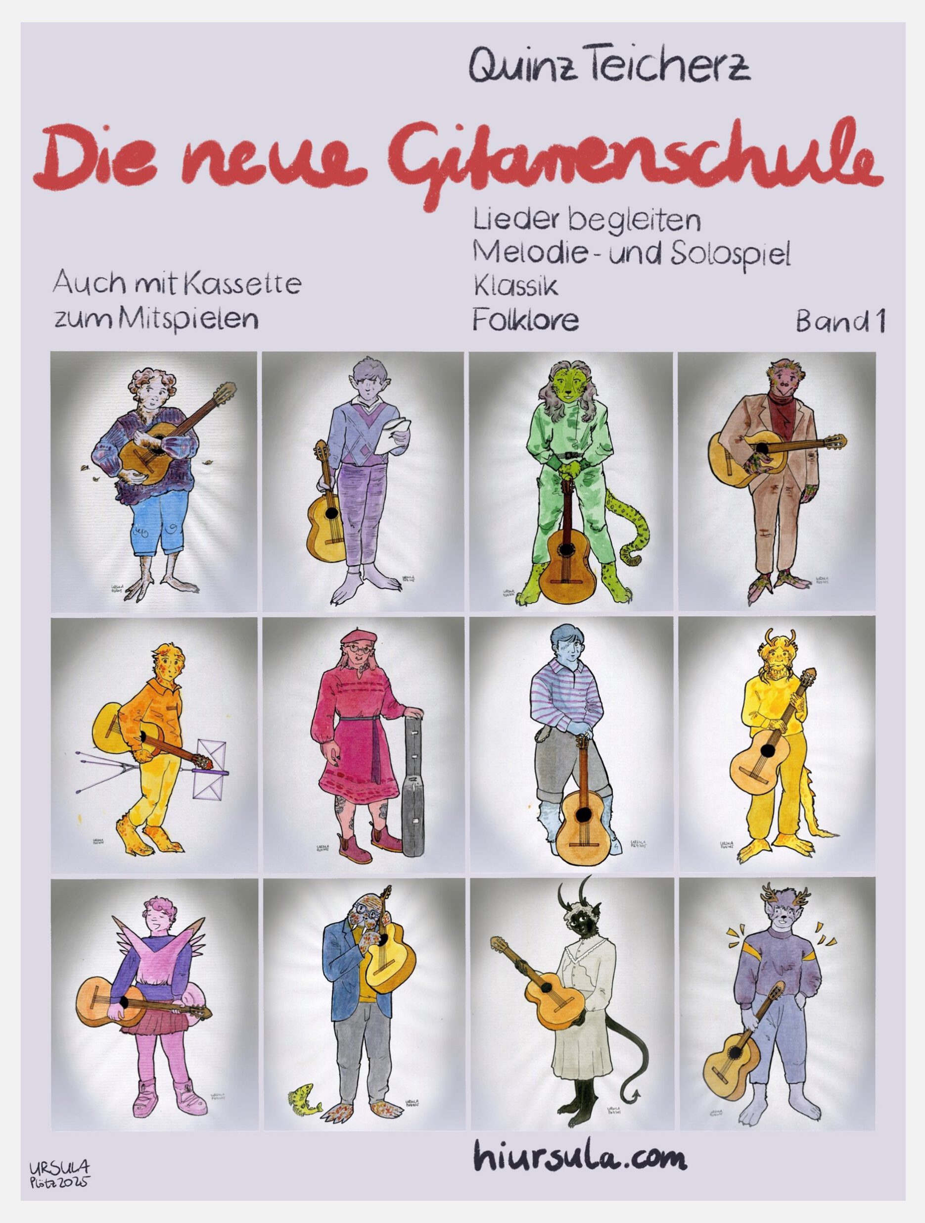 A book cover named “Die neue Gitarrenschule” with 12 supernatural Guitar Players, illustrated with ink