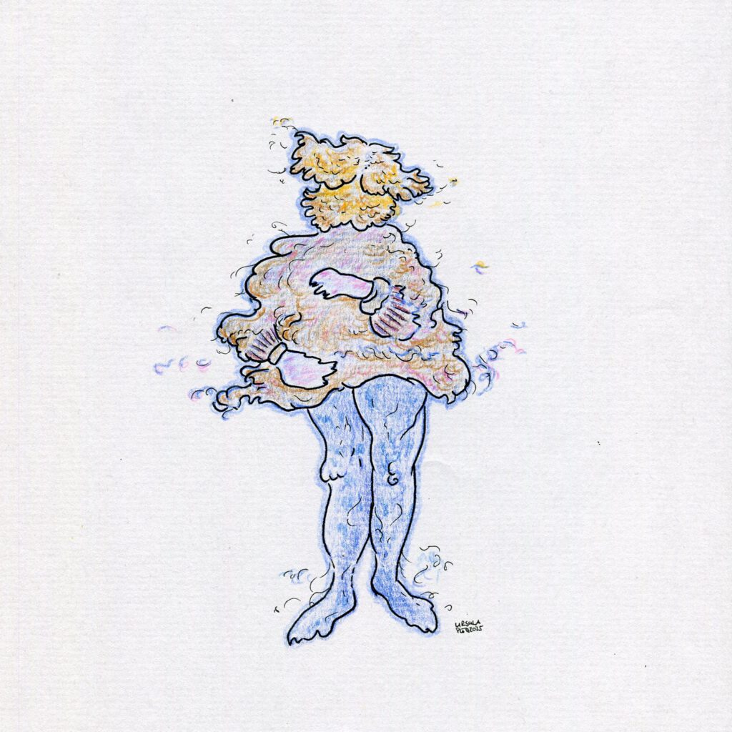 Drawing of a ghostly person standing with beard and curly hair parted in the middle, drawn with coloured pencils in light blue, pink, orange, beige and black outlines