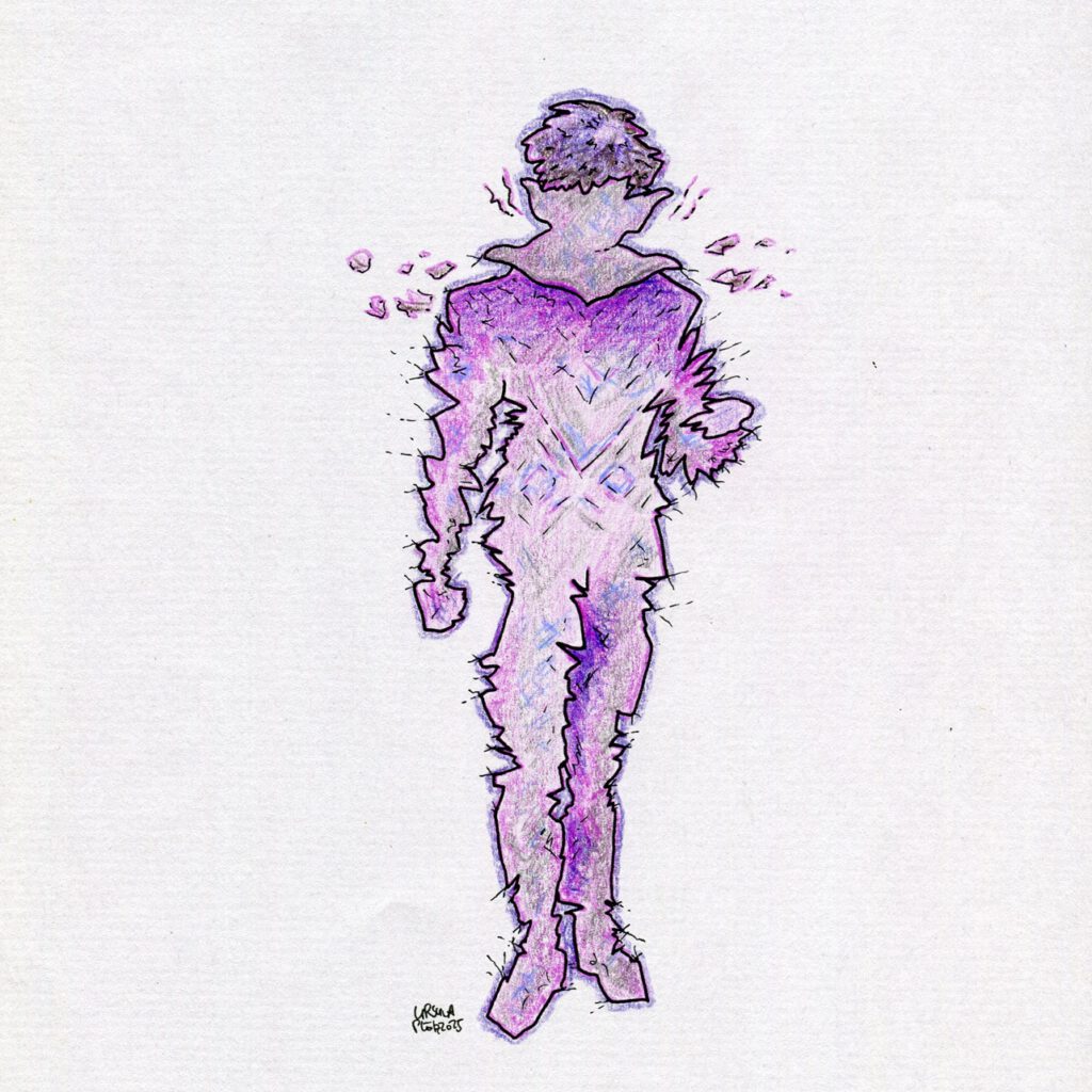 Drawing of a ghostly person standing with thick short hair and a dramatic pointy collar and angular ragged outlines, drawn with coloured pencils in purple, violet, light blue, dark brown and black pencil for outlines