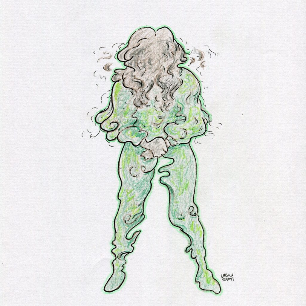 Drawing of a ghostly person standing with thick long curls and very wavy outlines, drawn with coloured pencils in green and brown and black pencil for outlines