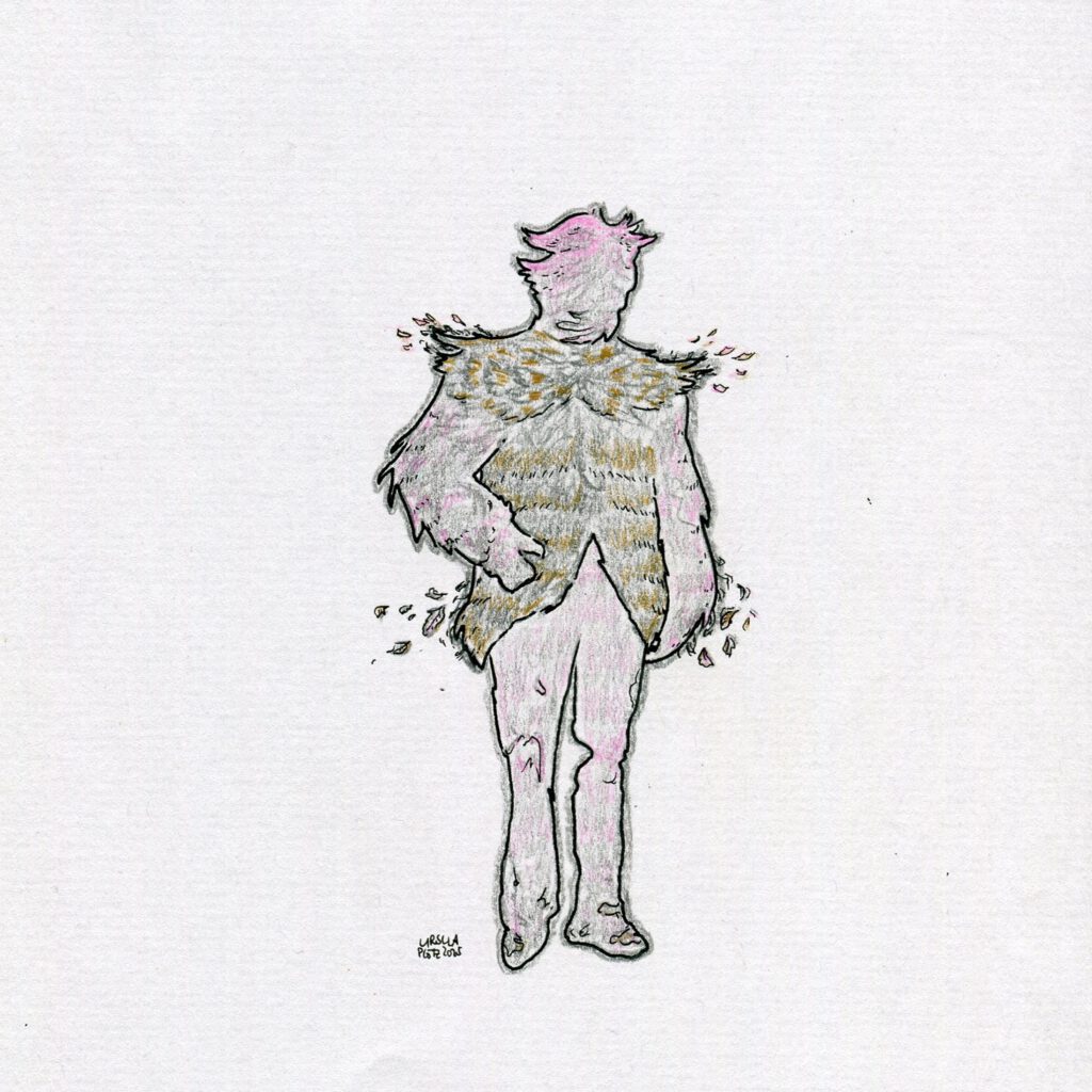 Drawing of a ghostly person standing with a feathery collar and a jacket that could be also wings, drawn with coloured pencils in grey, brown, pink and black outlines