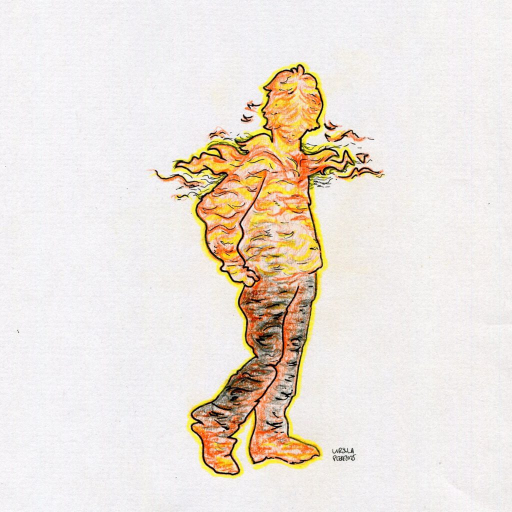 Drawing of a ghostly person standing with horizontal flamelike details on their shoulders, drawn with coloured pencils in orange, yellow, red and black outlines