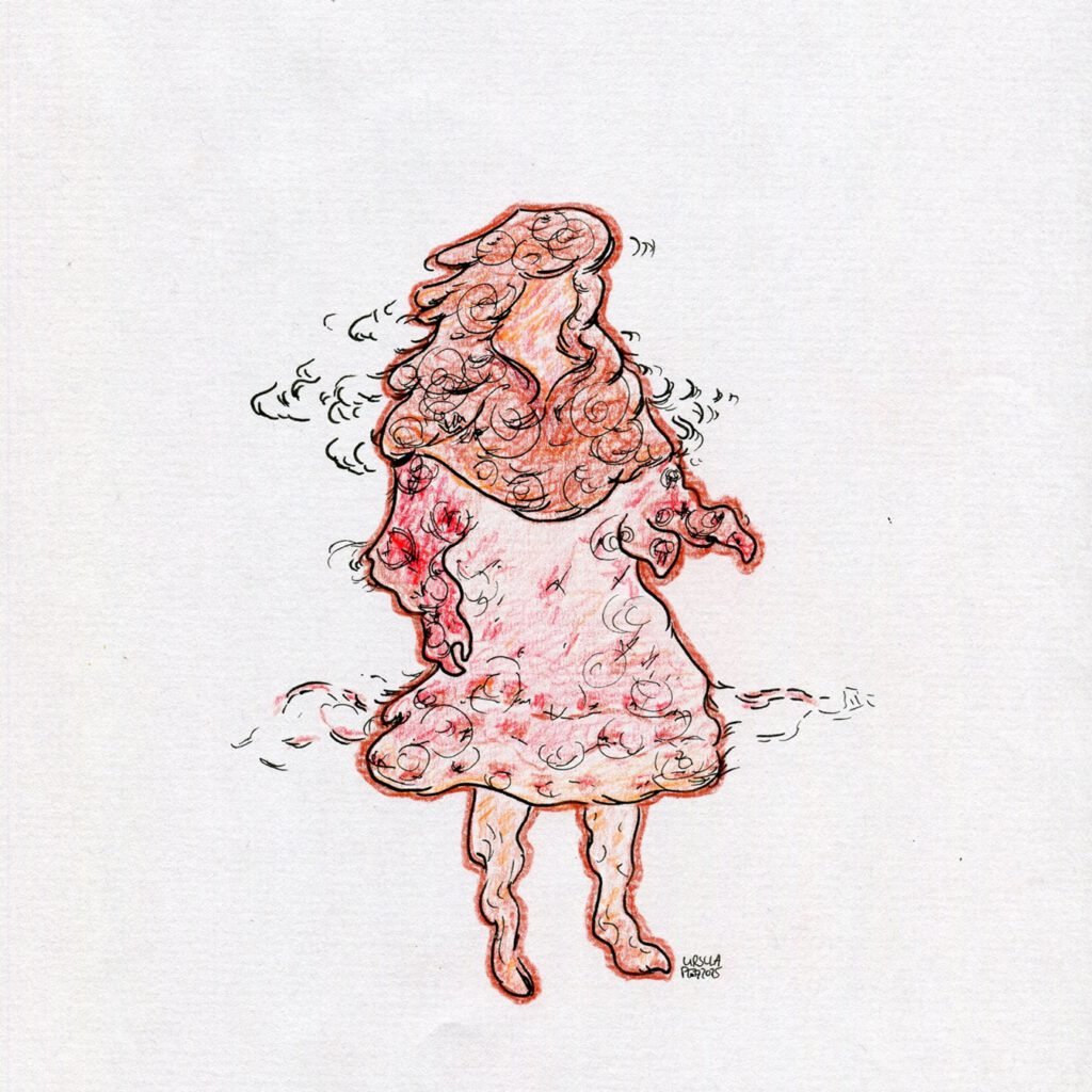 Drawing of a ghostly person standing with layers like melting mushrooms, drawn with coloured pencils in red, orange, light brown and black outlines