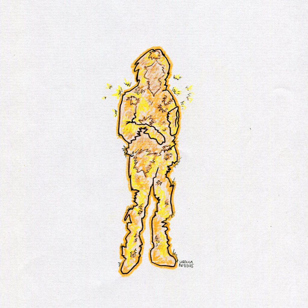 Drawing of a ghostly person standing with lightning-like details and pointy details and gaps, drawn with coloured pencils in orange, yellow, light brown and black outlines