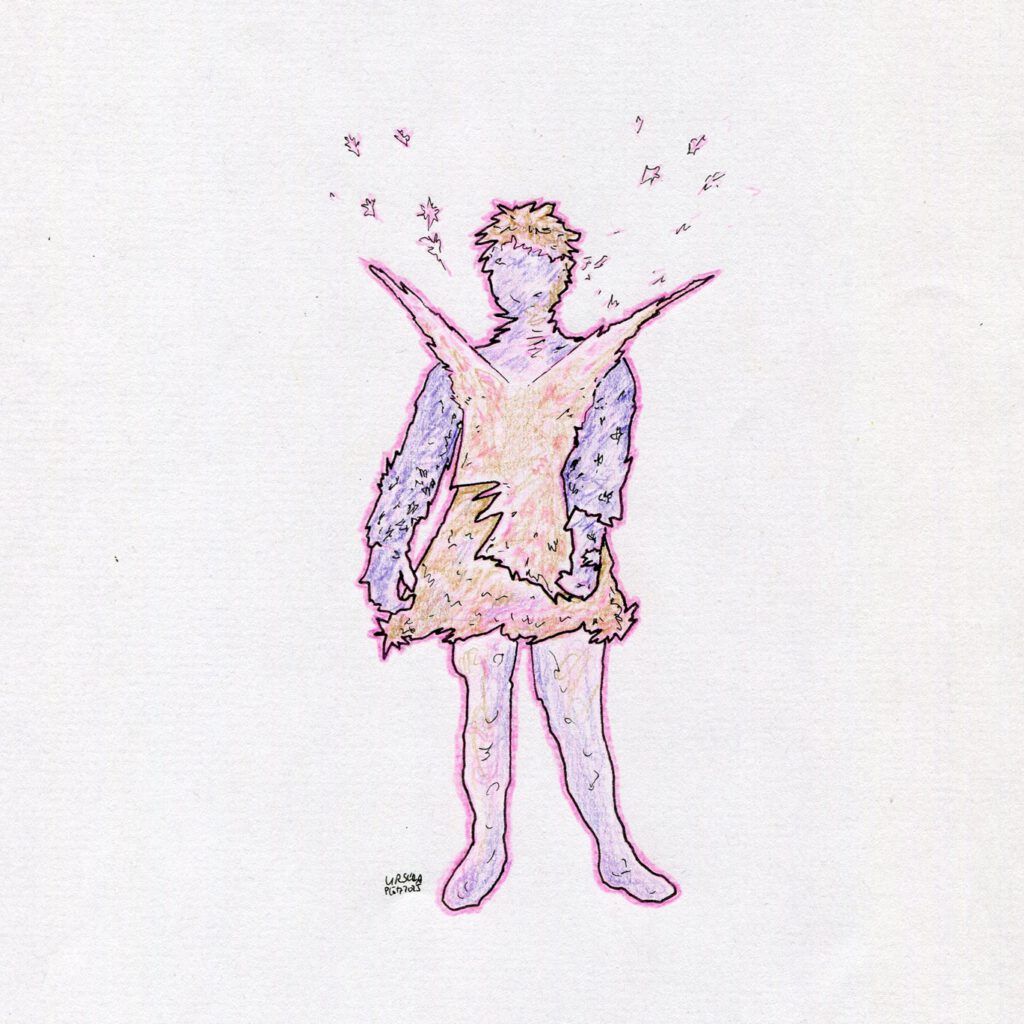 Drawing of a ghostly person with two great pointy shoulder extensions extending upwards sparkling and little stars around them, drawn with coloured pencils in light pink, violet, light beige and black outlines