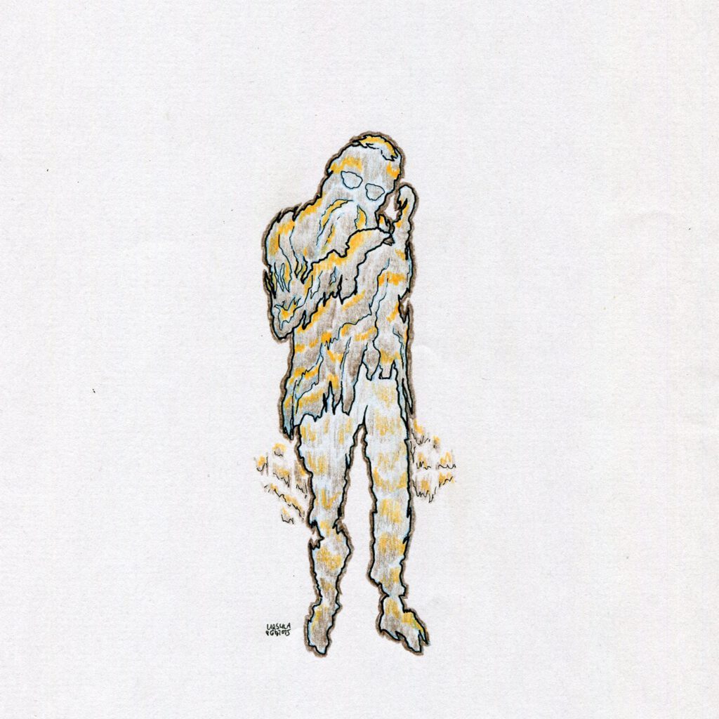 Drawing of a ghostly person with outlines and a structure like a bark of a tree and a walrus moustache, drawn with coloured pencils in blue, beige, orange and black outlines