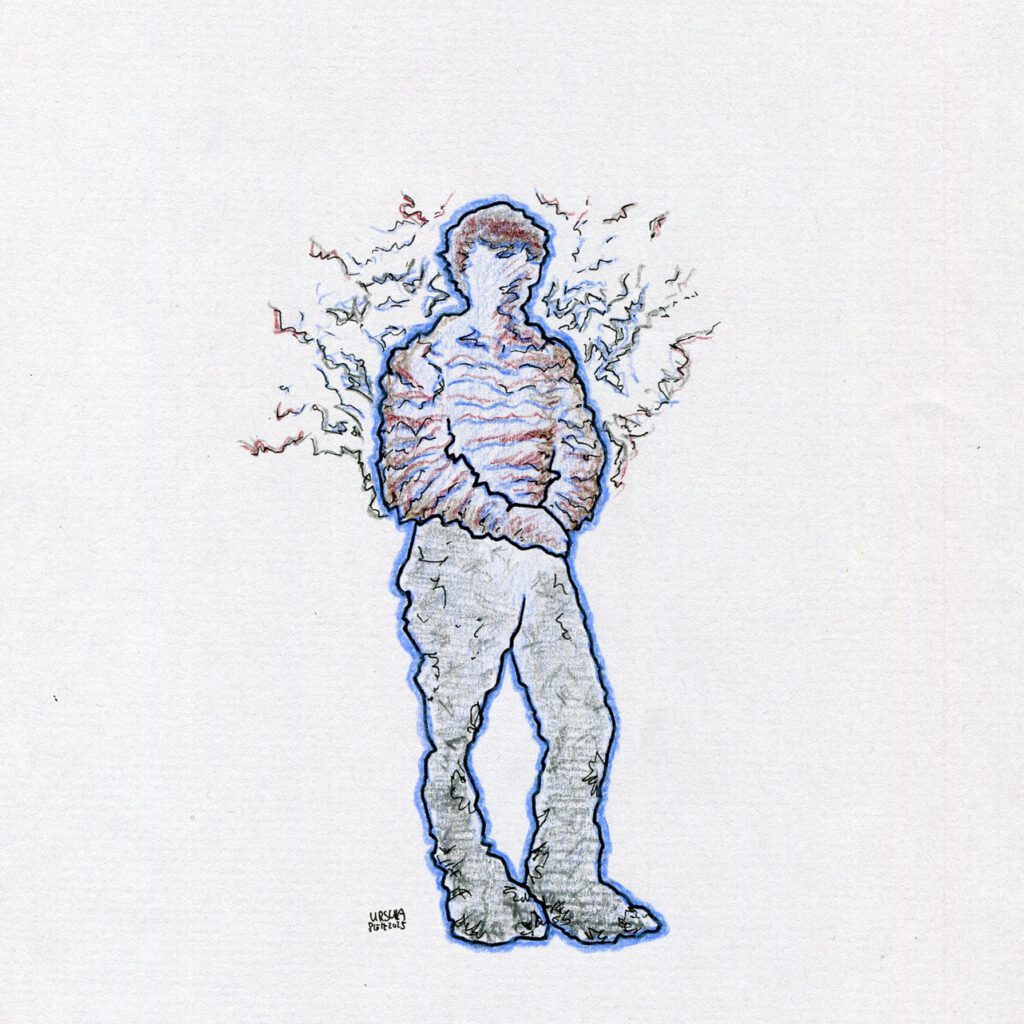 Drawing of a ghostly person standing with a striped shirt and electric lines, drawn with coloured pencils in light blue, purple red, light brown and black outlines