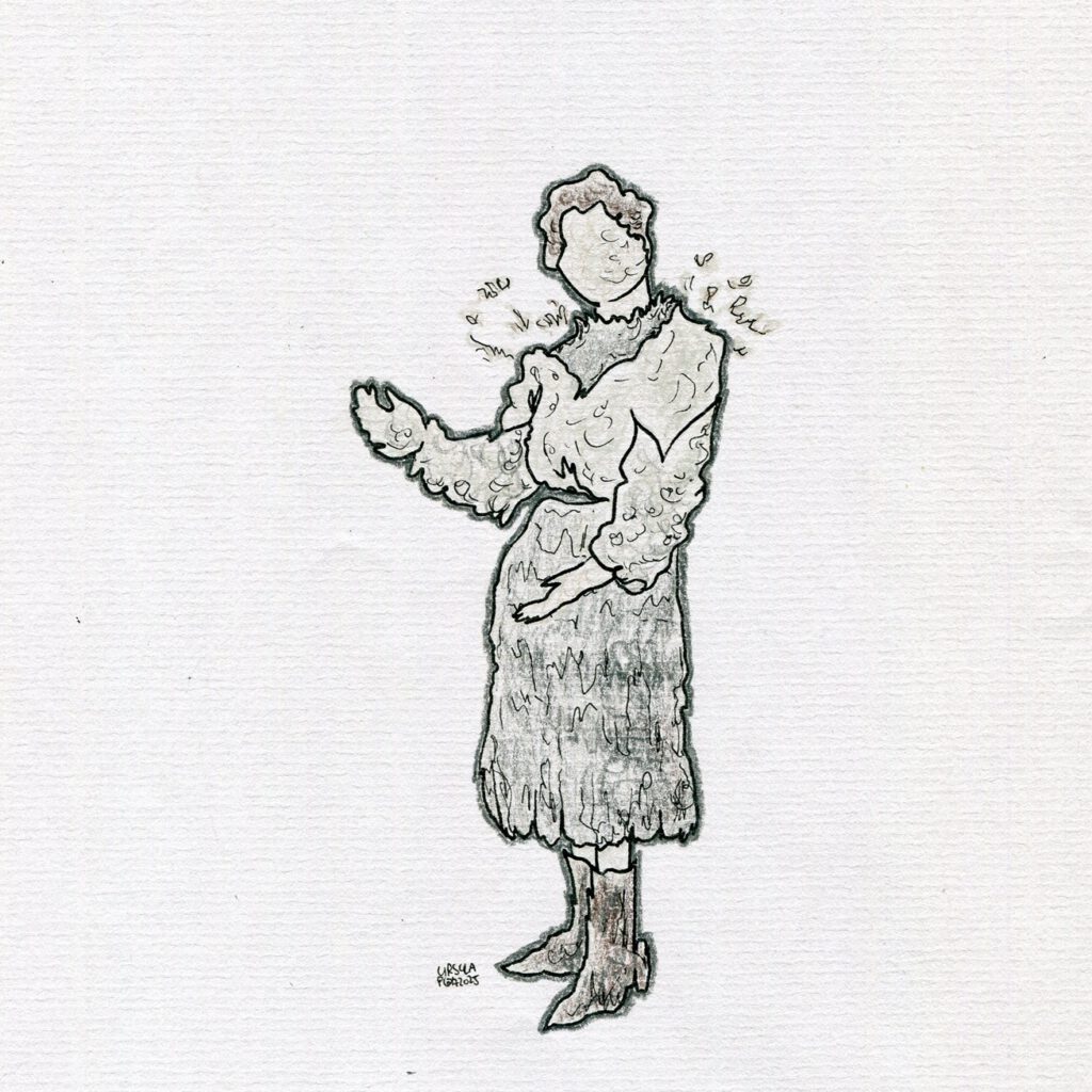 Drawing of a ghostly person with a frilly blouse and a skirt, drawn with coloured pencils in light grey, dark grey, dark brown and black outlines
