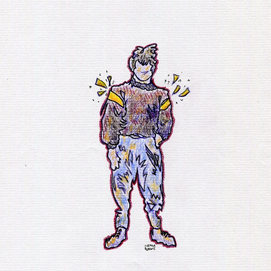 Drawing of a ghostly person smiling with messy short hair and a good sweater with yellow triangles, drawn with coloured pencils in light blue, violet, dark red, yellow, orange and black outlines