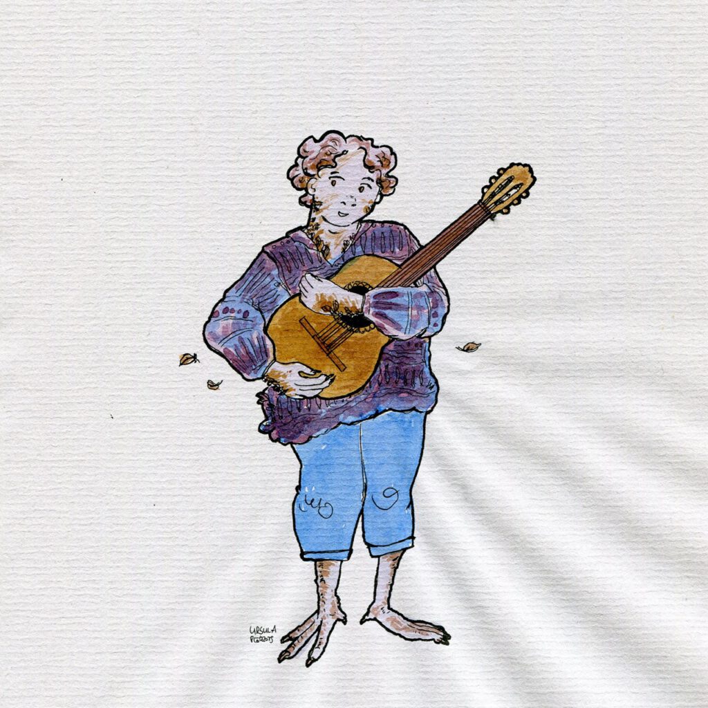Drawing of a person with semi-curly hair, chicken feet and hints of feathers holding a guitar, drawn with ink in blue, violet, dark orange and black outlines