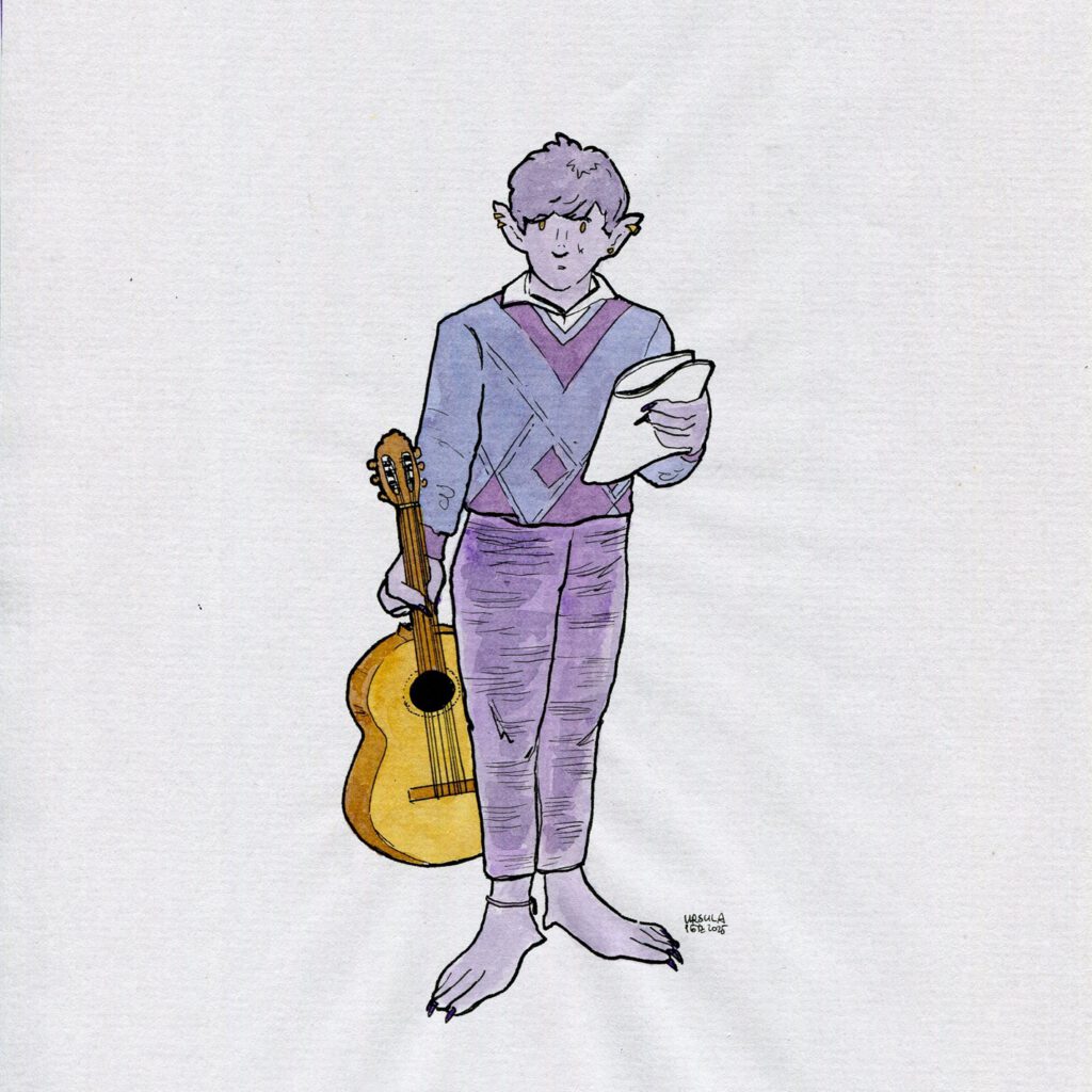 Drawing of a person with point long ears and beastlike feet, wearing a knitted jumper and holding a guitar and some sheet of paper, drawn with ink in blueish violet, violet pink, dark orange and black outlines