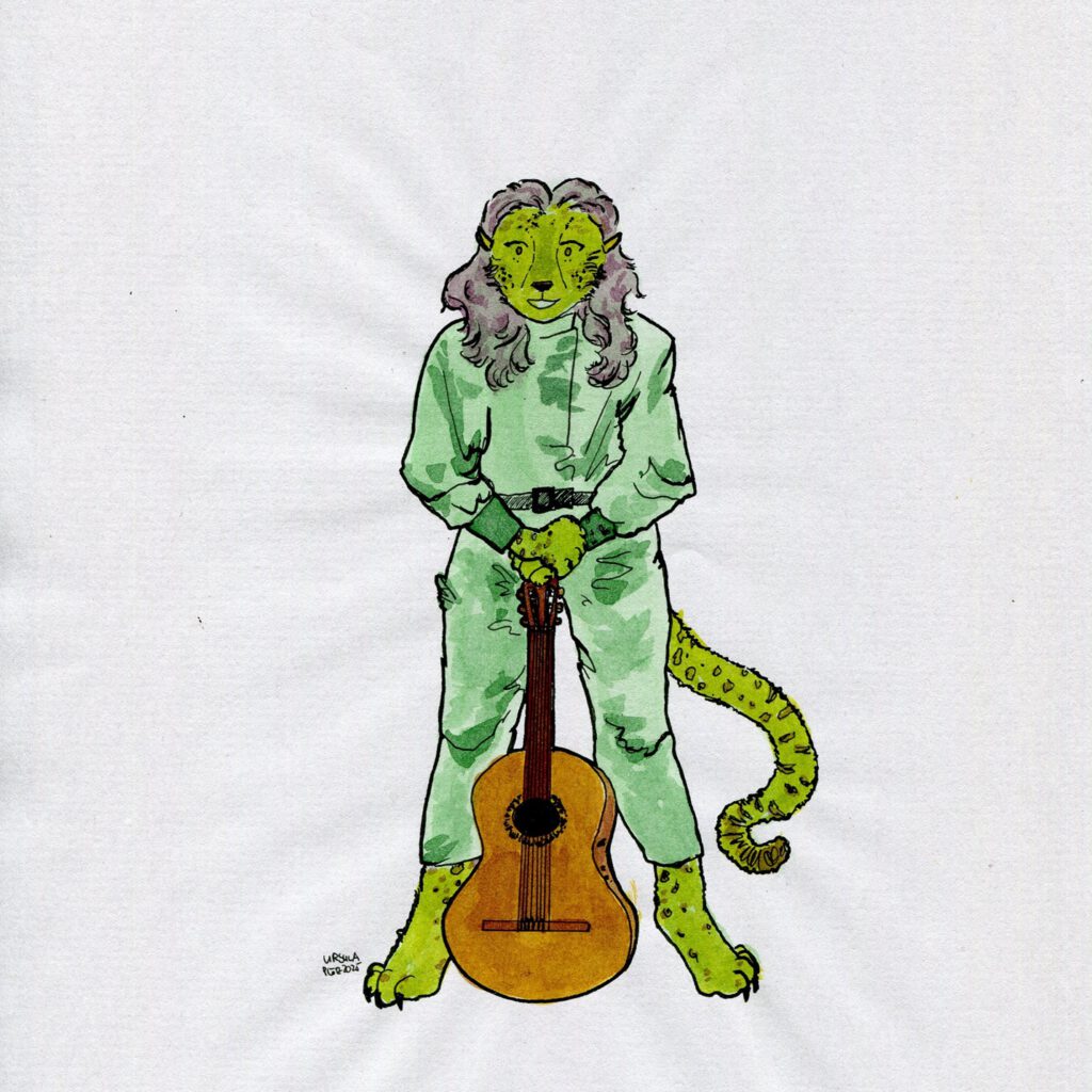 Drawing of a person with a face like a cheetah and paws and a tail, wearing a green boiler suit and leaning on a guitar, drawn with ink in green, yellow green and brown hues and black outlines