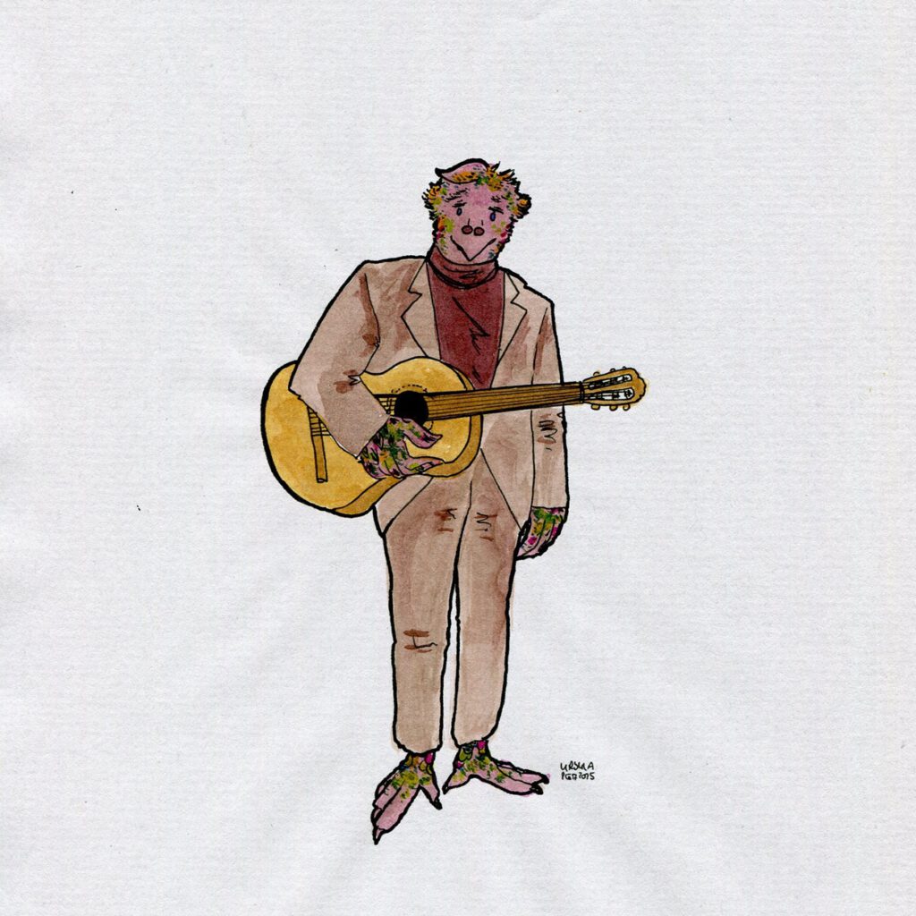 Drawing of a person with a face and hands and feet like a parakeet, wearing a brown suit and holding a guitar, drawn with ink in brown hues with little colorful spots on face, hands, feet and black outlines