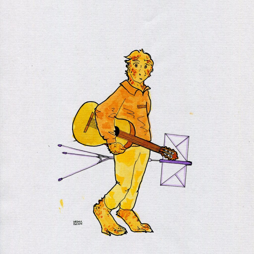 Drawing of a person with a face and hands and feet like a dinosaur, wearing a Poloshirt and trousers and holding a guitar and a music stand, drawn with ink in orange and yellow and black outlines