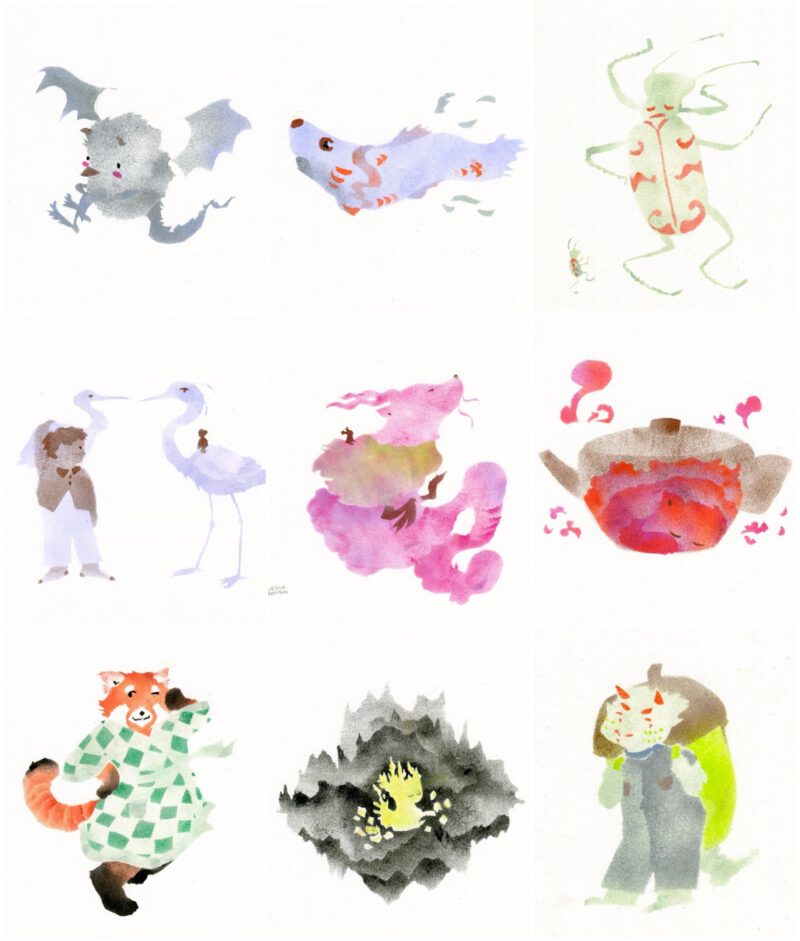 A hedgehog-like demon with batwings, a koinobori, a heron carried by a person, a taller heron carrying a small rider, a pink dragon with a small rider, a red panda in a green checkered bathrobe, a huge green bug dancing with a tiny bug, a pink-red demon sleeping in a teapot, a small pale green demon carrying an acorn like a backpack and a small floating light greenish yellow creature in front of a black shady mountain like landscape