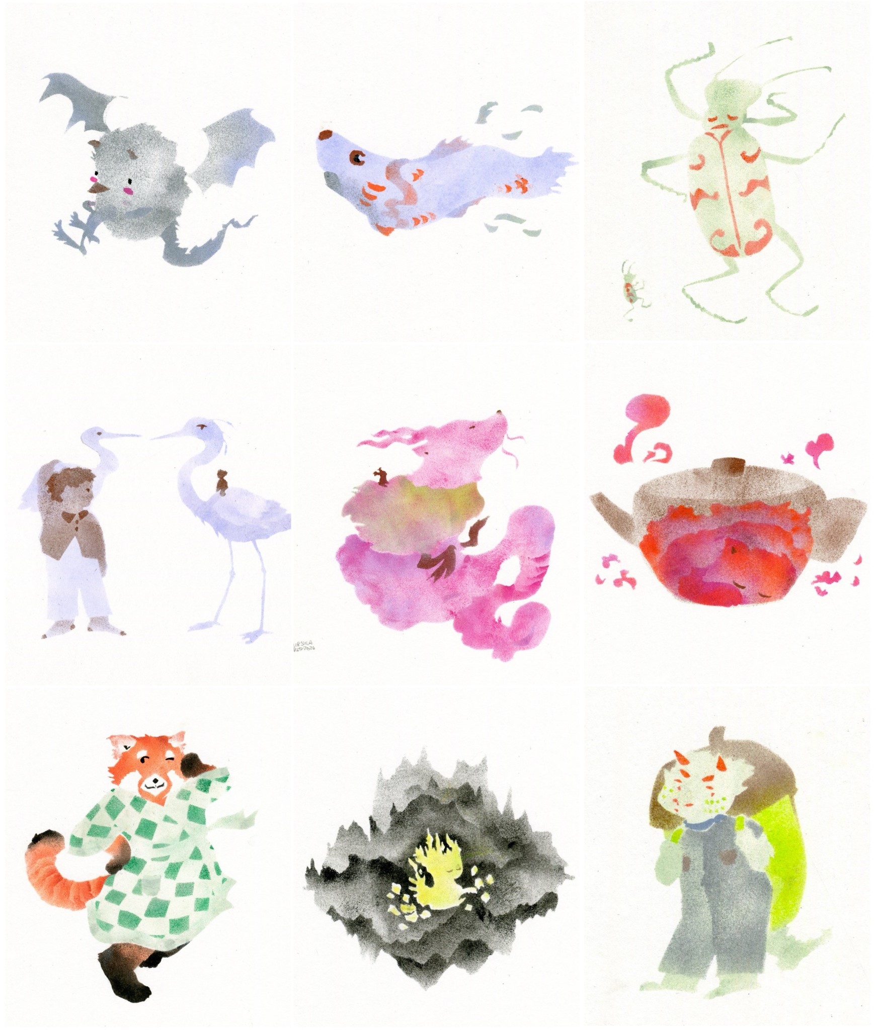 A hedgehog-like demon with batwings, a koinobori, a heron carried by a person, a taller heron carrying a small rider, a pink dragon with a small rider, a red panda in a green checkered bathrobe, a huge green bug dancing with a tiny bug, a pink-red demon sleeping in a teapot, a small pale green demon carrying an acorn like a backpack and a small floating light greenish yellow creature in front of a black shady mountain like landscape