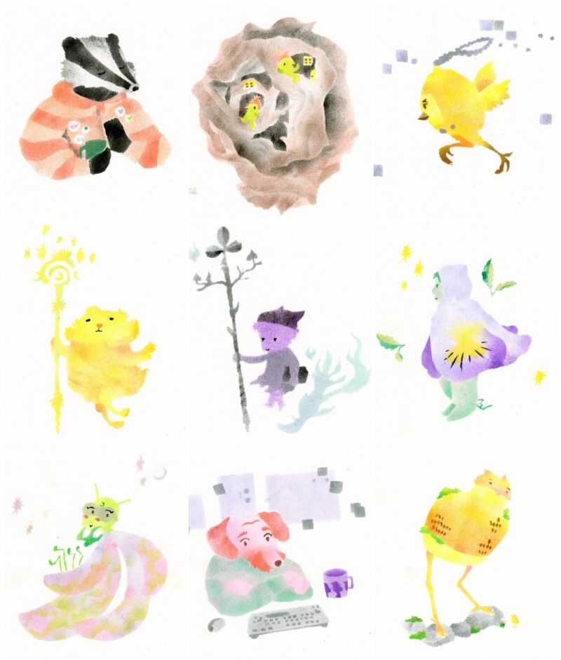 A badger, two tree dwellers, a tamagotchi with wings and chicken feet, a fluffy light creature with a staff with moons and stars, a purple little person with a dark staff with flames, a pansy cloaked fairs, a dragon fly princess looking cute, a dachshund sitting on an office desk and a lamp shaped giant looking at a small bird