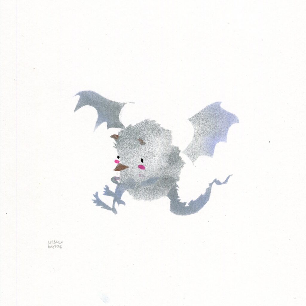 little hedgehog-like demon with batstyle wings and a dragontail in silver and light blue and pink blush on plain paper