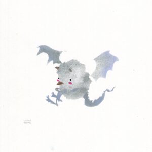 little hedgehog-like demon with batstyle wings and a dragontail in silver and light blue and pink blush on plain paper
