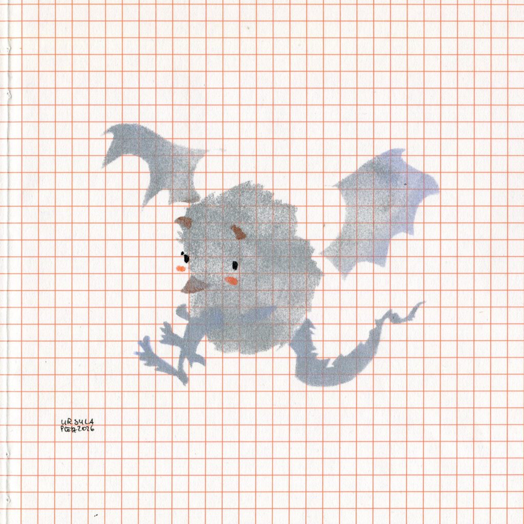 little hedgehog-like demon with batstyle wings and a dragontail in silver and light blue and orange blush on orange checkered paper