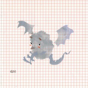 little hedgehog-like demon with batstyle wings and a dragontail in silver and light blue and orange blush on orange checkered paper