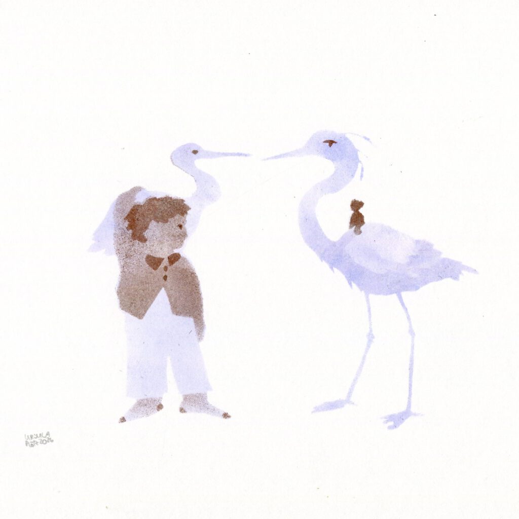 A huge heron with a small person riding on it and a taller person carrying a heron on their shoulders, in light azure blue and bronze brown on plain paper