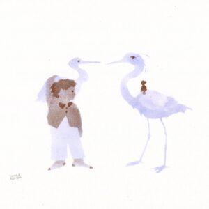 A huge heron with a small person riding on it and a taller person carrying a heron on their shoulders, in light azure blue and bronze brown on plain paper