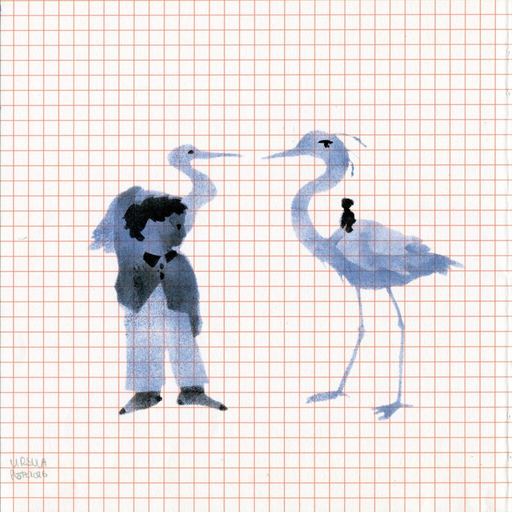 A huge heron with a small person riding on it and a taller person carrying a heron on their shoulders, in navy blue and black accents on orange checkered paper