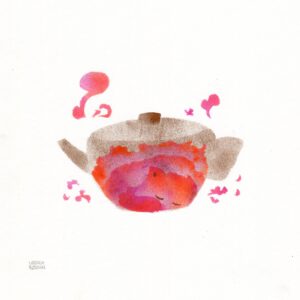 A fluffy demon (looking a little bit like a red panda) sleeping in a teapot surrounded by little clouds of steam, teapot in bronze brown and the rest in pink and orange on plain paper