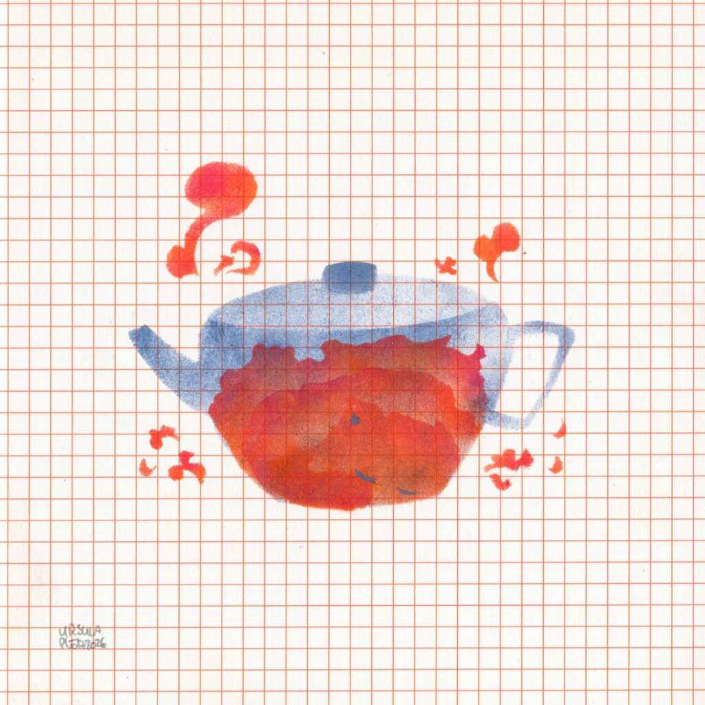 A fluffy demon (looking a little bit like a red panda) sleeping in a teapot surrounded by little clouds of steam, teapot in blue and the rest in pink and orange on orange checkered paper