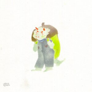 A small dragon demon carrying a huge acorn like backpack in sage green, lime green, bronze brown and silver with red highlights on plain paper