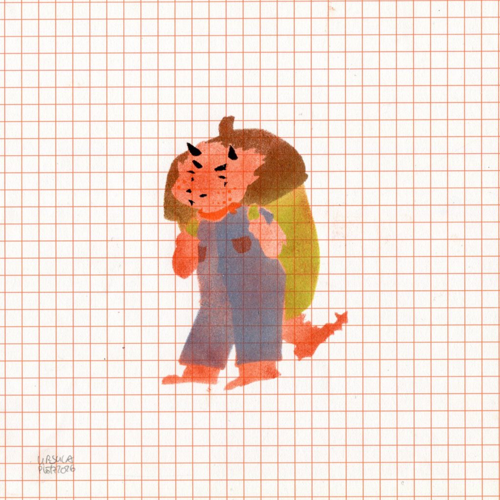 A small dragon demon carrying a huge acorn like backpack in paprika red, lime green, bronze brown and blue with black highlights on orange checkered paper