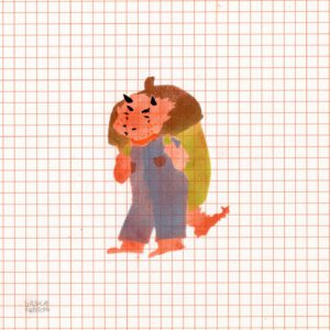 A small dragon demon carrying a huge acorn like backpack in paprika red, lime green, bronze brown and blue with black highlights on orange checkered paper