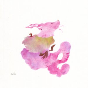 A huge cloudy dragon floating and carrying a tiny creature in shades of pink, green, light blue and with bronze brown highlights on plain paper