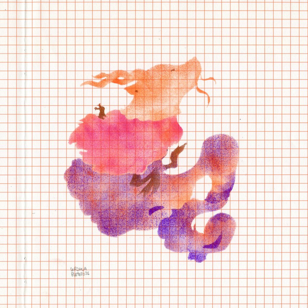 A huge cloudy dragon floating and carrying a tiny creature in shades of orange, pink and purple with bronze brown highlights on orange checkered paper