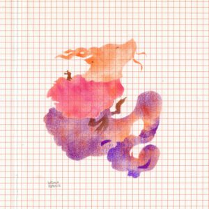 A huge cloudy dragon floating and carrying a tiny creature in shades of orange, pink and purple with bronze brown highlights on orange checkered paper