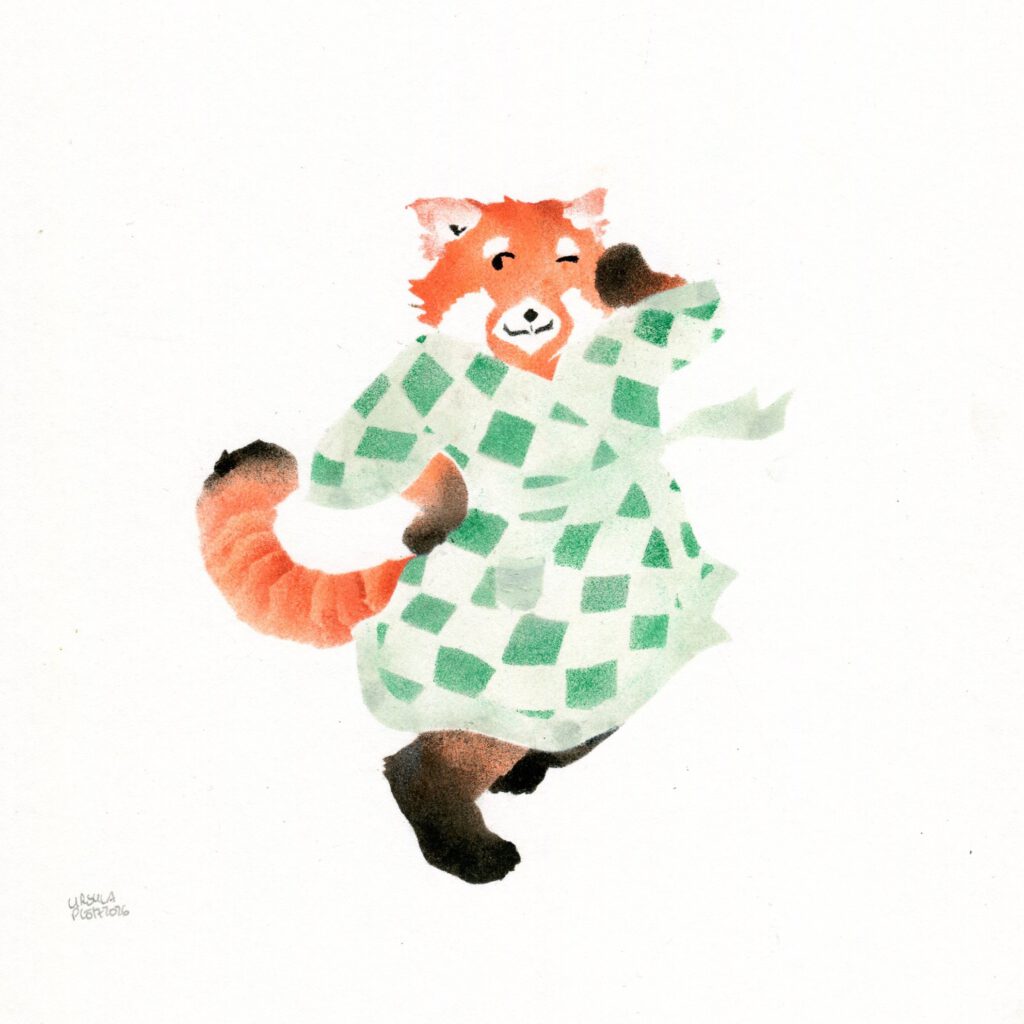 A red panda winking and smiling with orange-red fur and black paws and tail wearing a green checkered bathrobe on plain paper