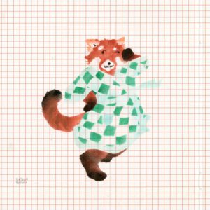 A red panda winking and smiling with paprika-red fur and black paws and tail wearing a green checkered bathrobe on orange checkered paper