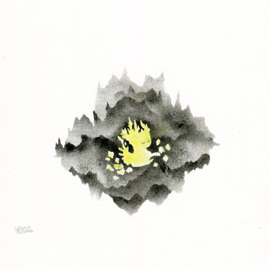 A small floating light creature with ramified head in light yellow and greenish tones in a dark mountain-like background in many shades of black on plain paper