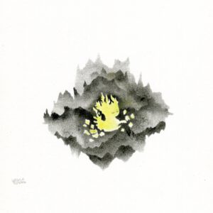 A small floating light creature with ramified head in light yellow and greenish tones in a dark mountain-like background in many shades of black on plain paper