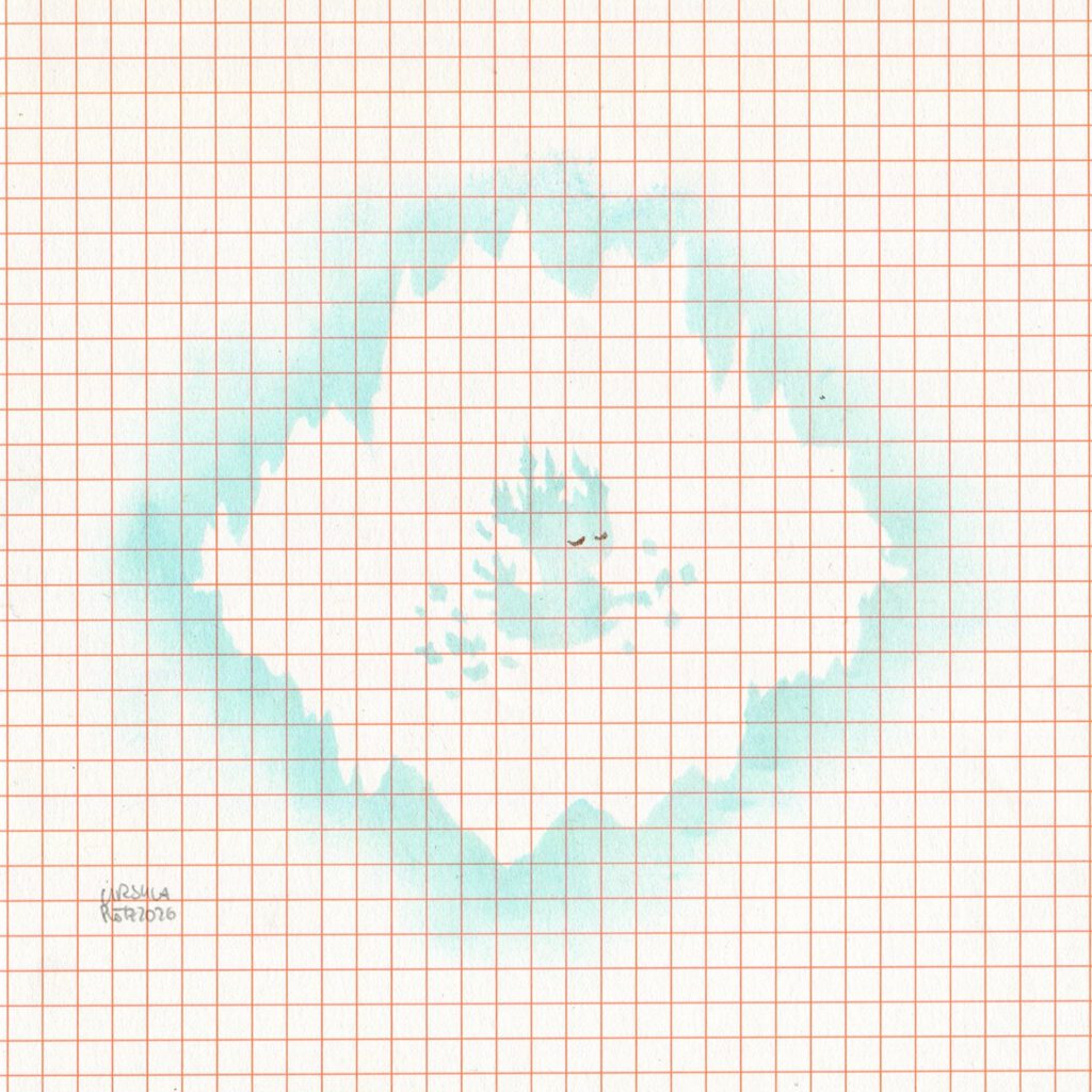 A small floating light creature with ramified head in turquoise tones in a light mountain-like background (also turquoise) on orange checkered paper