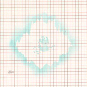 A small floating light creature with ramified head in turquoise tones in a light mountain-like background (also turquoise) on orange checkered paper