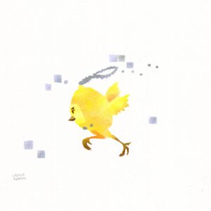 A tamagotchi with little wings and chicken feet running in yellow-orange tones on plain paper