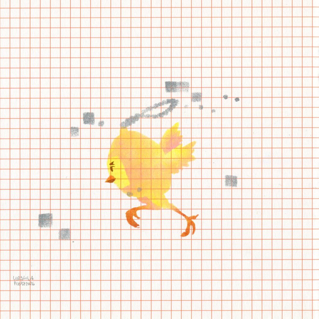 A tamagotchi with little wings and chicken feet running in yellow-pink tones on orange checkered paper