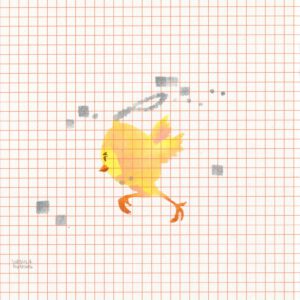 A tamagotchi with little wings and chicken feet running in yellow-pink tones on orange checkered paper