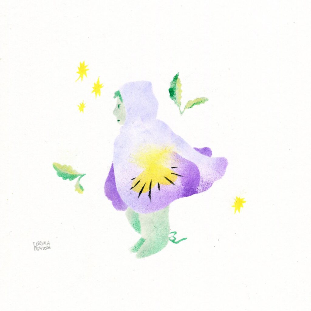 Small person wearing a huge hooded cloak that looks like a pansy surrounded by stars and leaves, in violet shades and yellow and green on plain paper