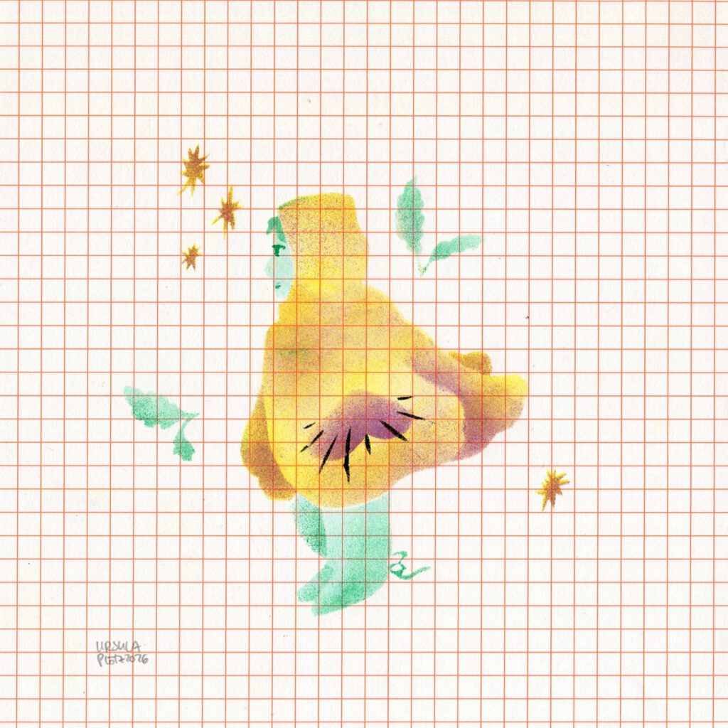 Small person wearing a huge hooded cloak that looks like a pansy surrounded by stars and leaves, in yellow and violet and green on orange checkered paper