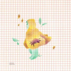 Small person wearing a huge hooded cloak that looks like a pansy surrounded by stars and leaves, in yellow and violet and green on orange checkered paper