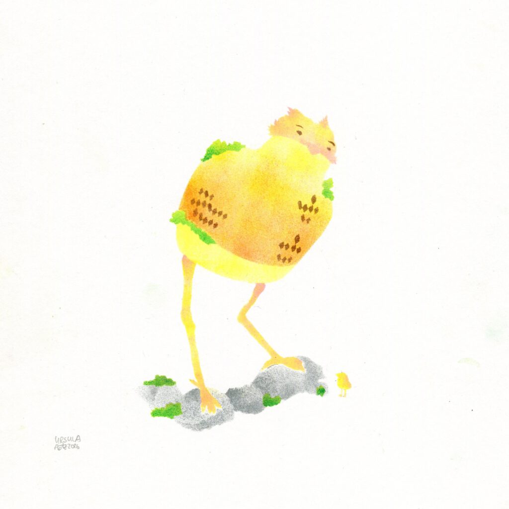 A huge lamp shape on 2 long bird legs and a fluffy bird face with a little bit of moss standing on some stones with moss next to a very small bird, all in yellow, orange and pink with grey stones and green moss