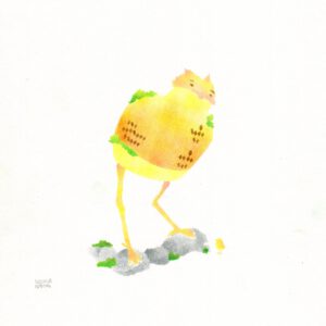 A huge lamp shape on 2 long bird legs and a fluffy bird face with a little bit of moss standing on some stones with moss next to a very small bird, all in yellow, orange and pink with grey stones and green moss